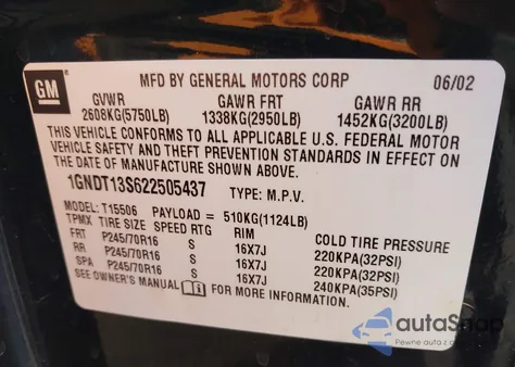 2002 Chevrolet Trailblazer Ls from USA, damaged, VIN 1GNDT13S622505437